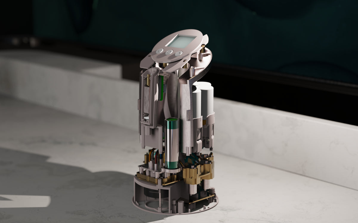 a rendering of the inside of the device showing various mechanical pieces to illustrate the complexity of the device