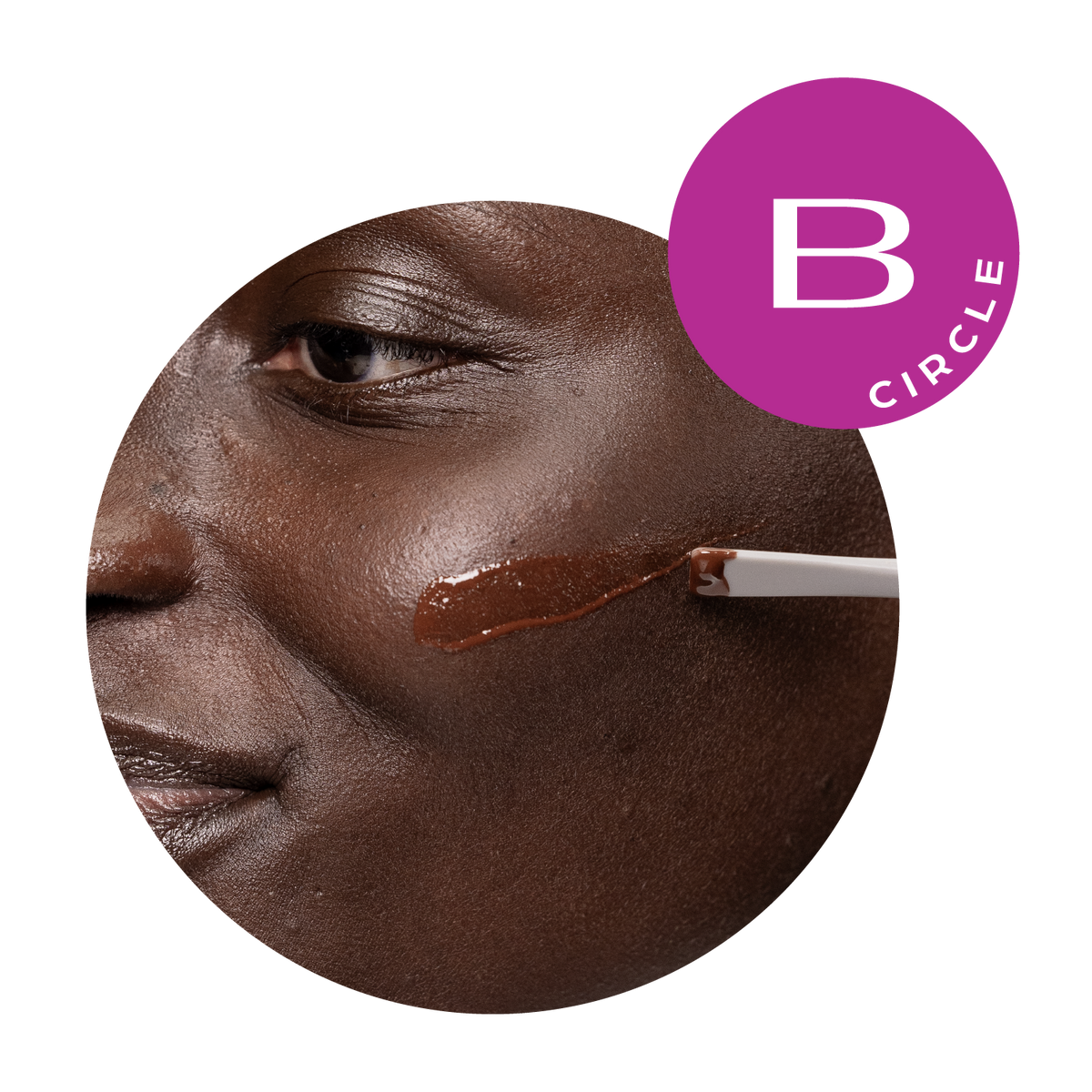 a picture of a female model applying boldhue foundation to her face with a mixing spatula and a logo that says B circle